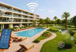 Resort moderno con hotel, piscinas y zonas verdes integradas con tecnología IoT para la gestión inteligente de la energía, el agua y la seguridad.