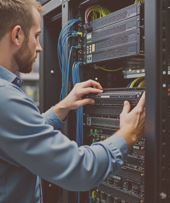 Instalação e suporte de redes e internet W4M em ambiente empresarial, garantindo conectividade estável e segura