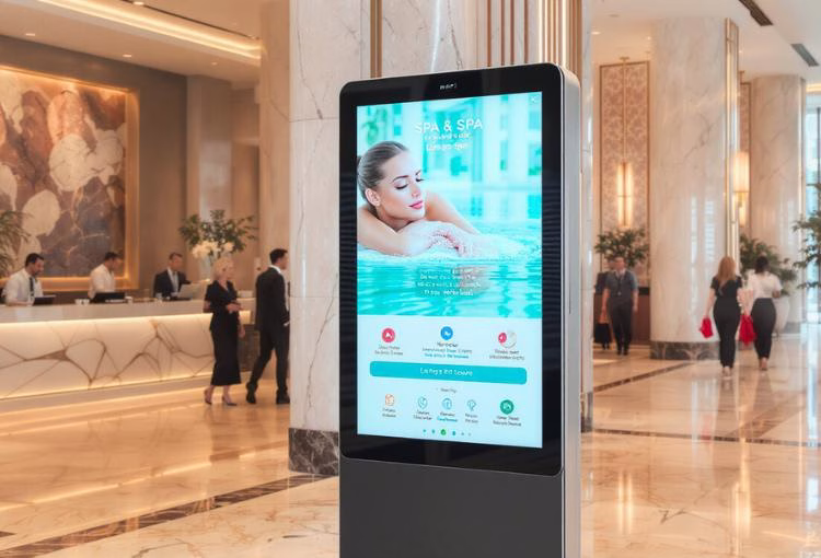 Mupi de sinalética digital no hall de entrada de hotel Mupi de sinalética digital no hall de entrada de um hotel, a promover o spa junto dos hóspedes